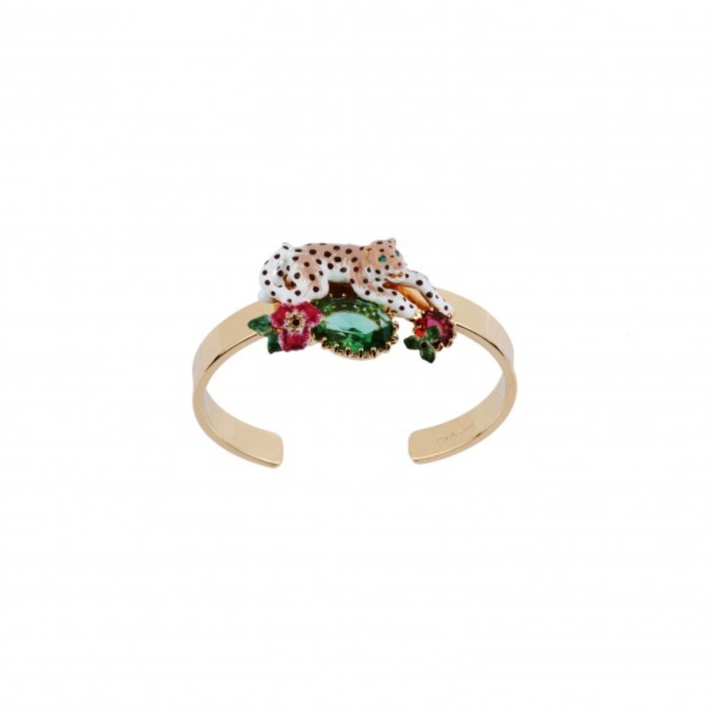 Les Nereides Panther With Flower & Stone Enamel Bangle Bracelet S